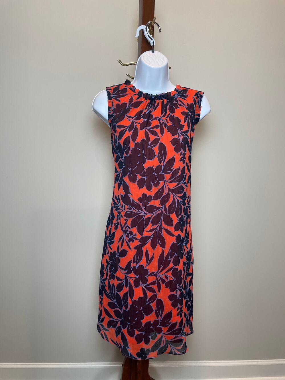 Tommy Hilfiger Shift Dress Size 12 Orange Black Floral Crepe Chiffon Sleeveless